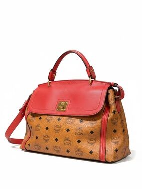 Vintage MCM Visetos Satchel Crossbody Bag Cognac Monogram Red Leather + Dust Bag